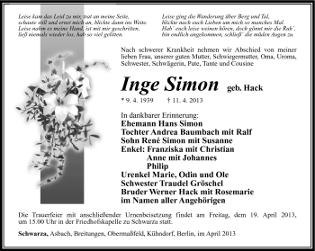 Traueranzeige von Inge Simon von Südthüringer Presse
