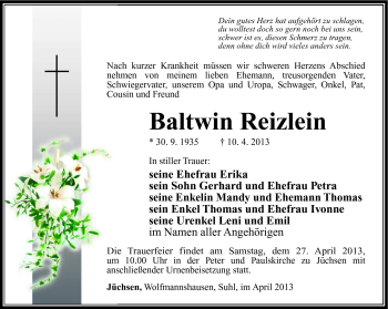 Traueranzeige von Baltwin Reizlein von Südthüringer Presse