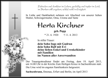Traueranzeige von Herta Kirchner von Südthüringer Presse