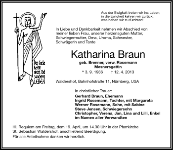 Traueranzeige von Katharina Braun von Frankenpost