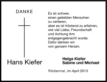Traueranzeige von Hans Kiefer von Neue Presse Coburg