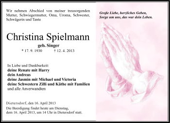 Traueranzeige von Christina Spielmann von Neue Presse Coburg