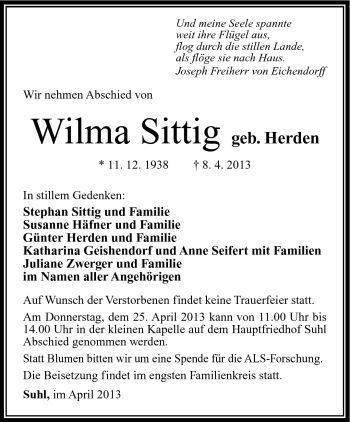 Traueranzeige von Wilma Sittig von Südthüringer Presse