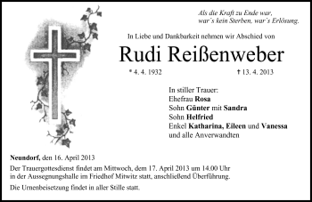 Traueranzeige von Rudi Reißenweber von Neue Presse Coburg
