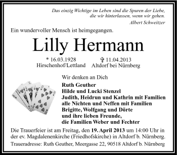 Traueranzeige von Lilly Hermann von Frankenpost