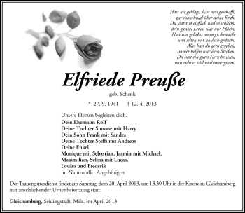 Traueranzeige von Elfriede Preuße von Südthüringer Presse