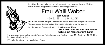 Traueranzeige von Walli Weber von Frankenpost