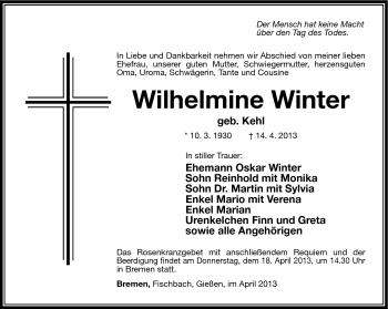 Traueranzeige von Wilhelmine Winter von Südthüringer Presse