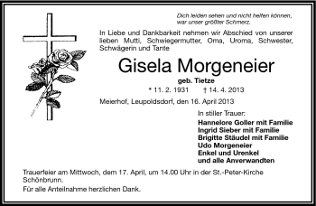 Traueranzeige von Gisela Morgeneier von Frankenpost