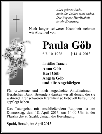 Traueranzeige von Göb Paula von Südthüringer Presse