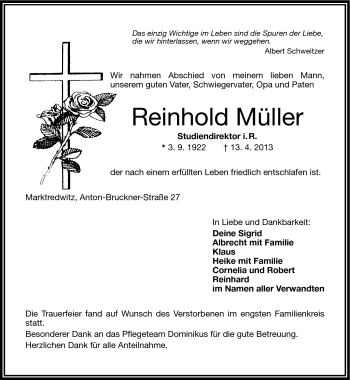 Traueranzeige von Reinhold Müller von Frankenpost