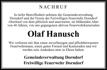 Traueranzeige von Olaf Hannusch von Südthüringer Presse