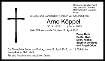 Traueranzeige von Arno Köppel von Frankenpost