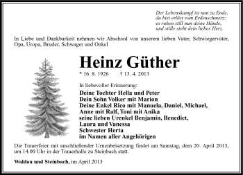 Traueranzeige von Heinz Güther von Südthüringer Presse