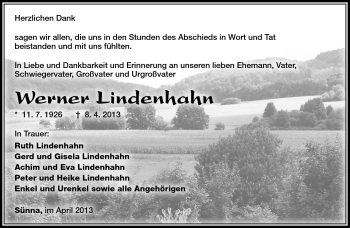 Traueranzeige von Werner Lindenhahn von Südthüringer Presse