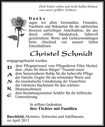 Traueranzeige von Christel Schmidt von Südthüringer Presse