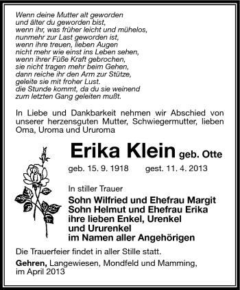 Traueranzeige von Erika Klein von Südthüringer Presse
