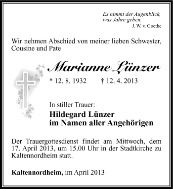 Traueranzeige von Marianne Lünzer von Südthüringer Presse