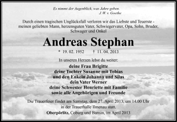 Traueranzeige von Andreas Stephan von Südthüringer Presse