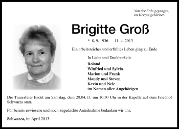 Traueranzeige von Brigitte Groß von Südthüringer Presse