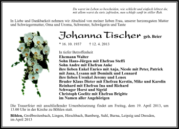 Traueranzeige von Johanna Tischer von Südthüringer Presse