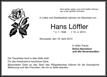 Traueranzeige von Hans Löffler von Frankenpost