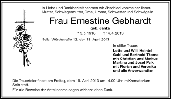 Traueranzeige von Erna Gebhardt von Frankenpost