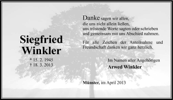 Traueranzeige von Siegfried Winkler von Südthüringer Presse