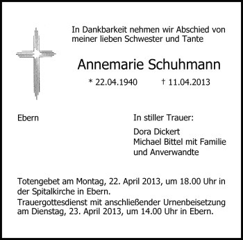 Traueranzeige von Annemarie Schuhmann von Neue Presse Coburg