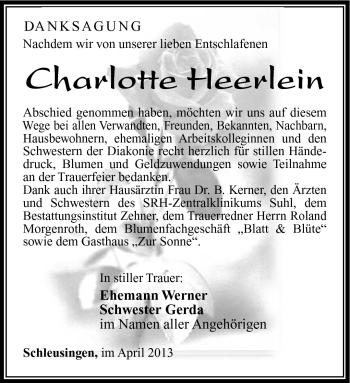 Traueranzeige von Charlotte Heerlein von Südthüringer Presse