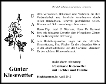 Traueranzeige von Günter Kiesewetter von Südthüringer Presse