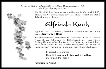 Traueranzeige von Elfriede Kuch von Südthüringer Presse