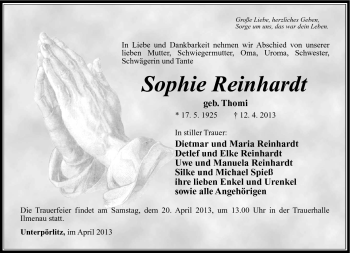 Traueranzeige von Sophie Reinhardt von Südthüringer Presse
