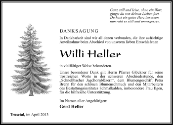 Traueranzeige von Willi Heller von Südthüringer Presse