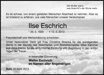 Traueranzeige von Ilse Eschrich von Südthüringer Presse
