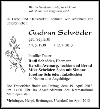 Traueranzeige von Gudrun Schröder von Südthüringer Presse