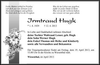 Traueranzeige von Irmtraud Hugk von Südthüringer Presse