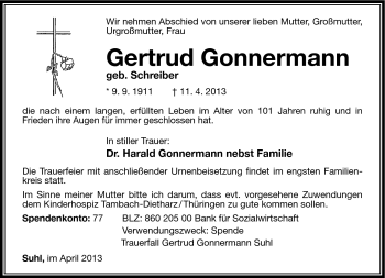 Traueranzeige von Gertrud Gonnermann von Südthüringer Presse