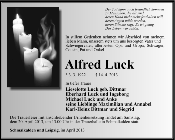 Traueranzeige von Alfred Luck von Südthüringer Presse