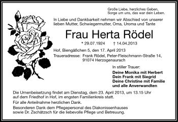 Traueranzeige von Herta Rödel von Frankenpost