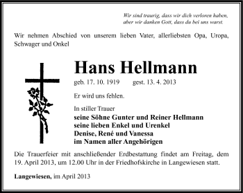 Traueranzeige von Hans Hellmann von Südthüringer Presse