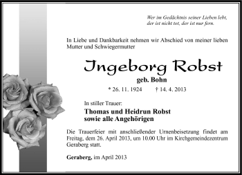 Traueranzeige von Ingeborg Robst von Südthüringer Presse