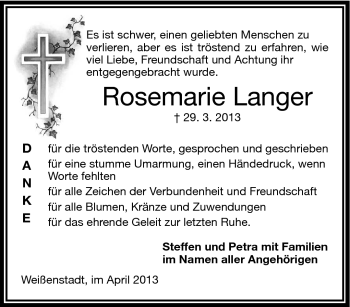 Traueranzeige von Rosemarie Langer von Frankenpost