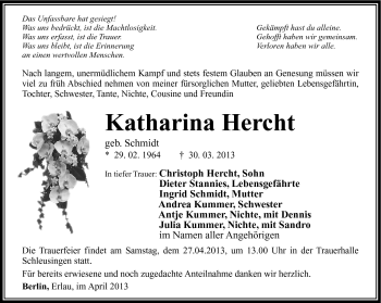 Traueranzeige von katharina Hercht von Südthüringer Presse