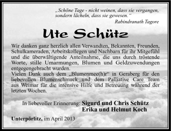 Traueranzeige von Ute Schütz von Südthüringer Presse