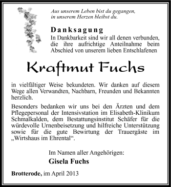 Traueranzeige von Kraftmut Fuchs von Südthüringer Presse