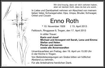 Traueranzeige von Enno Roth von Frankenpost