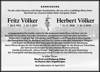 Traueranzeige von Herbert und Fritz Völker von Südthüringer Presse
