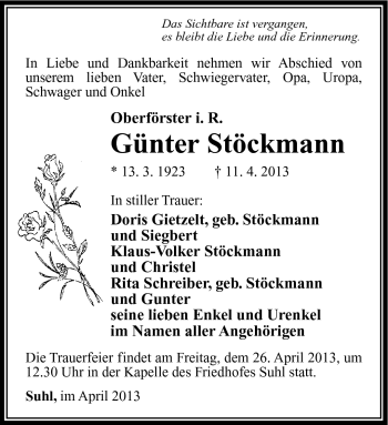 Traueranzeige von Günter Stöckmann von Südthüringer Presse