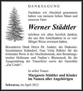 Traueranzeige von Werner Städtler von Südthüringer Presse
